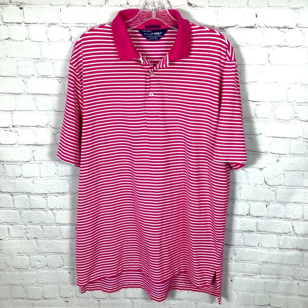 POLO Ralph Lauren Performance Golf Shirt Pink White Pinstripes Men’s Size Large